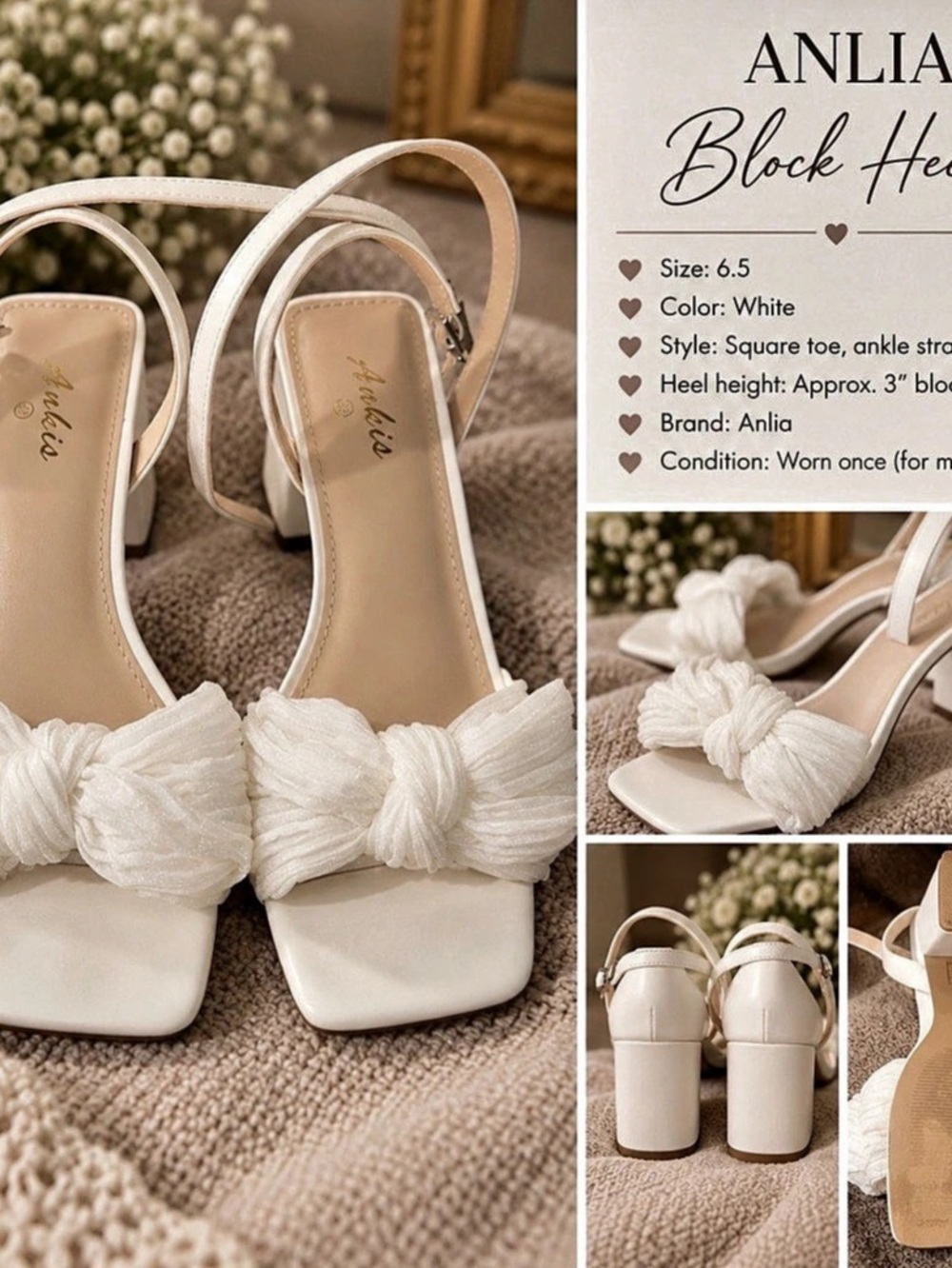 Anlia Block Heels White Block Heel Sandals US 6.5